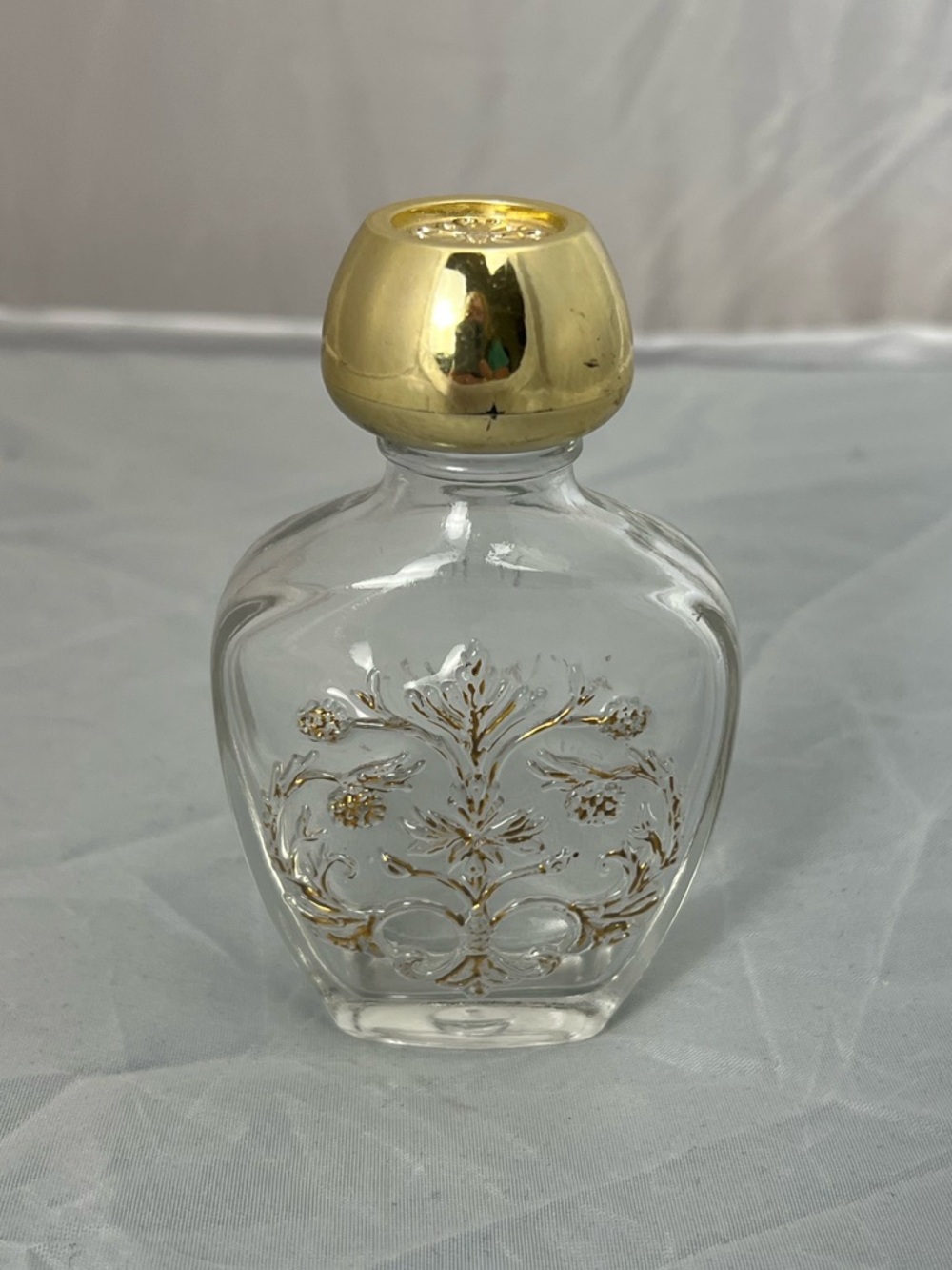 Vintage Avon Unforgettable Clear‎ Glass Vanity Bottle with Gold Floral Accents